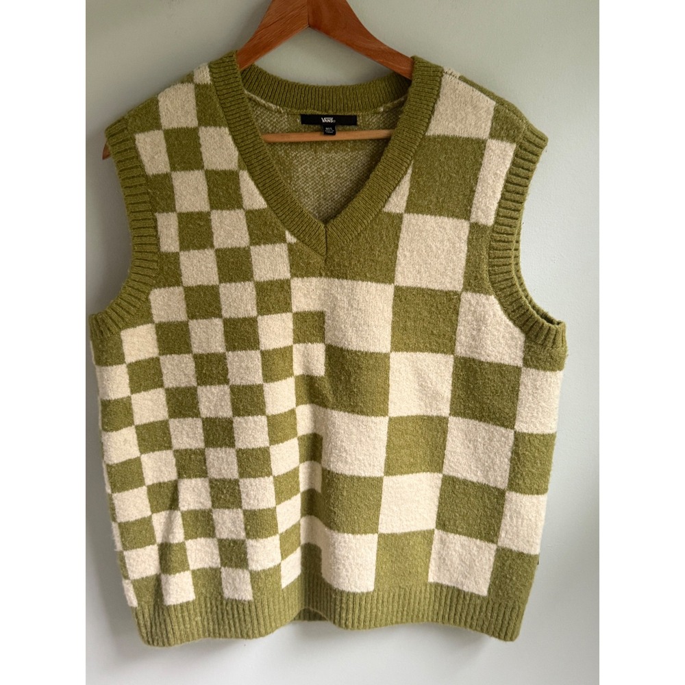 Vans Mens Checkerboard Knit Sweater Vest Olive Green Cream V-Neck Size M/L